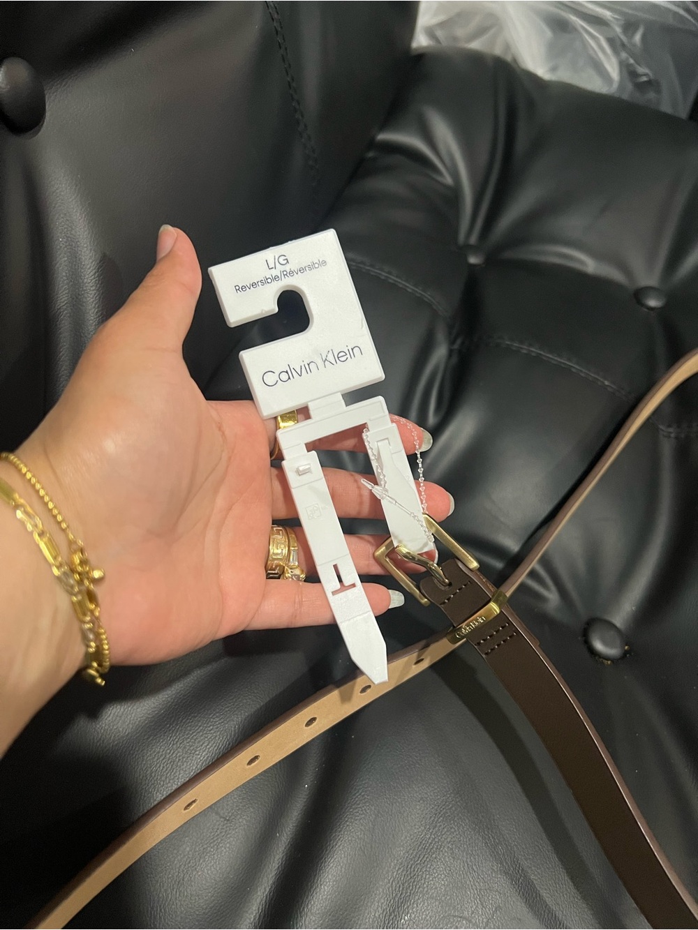 Calvin Klein Leather Belt in Dark with Gold Buckle